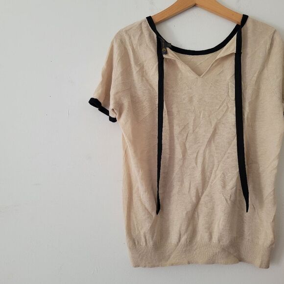 Outback Red Linen Blend Tie Back Tee Beige Black Short Sleeve M Knit - Picture 2 of 7